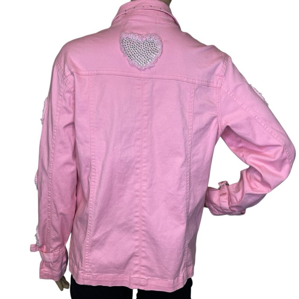 Quacker Factory Denim Button Down Jacket Distressed Rhinestone Hearts Pink S - Picture 5 of 15